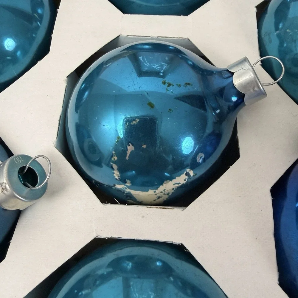 Vintage Trim A Home Kmart Blue Gold Christmas Ornaments USA 13 Pc Shiny Retro